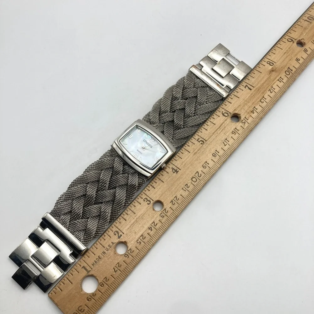Chico's Women's Watch 32mm Wide Silver Tone MOP Braided Mesh New Battery 7.5